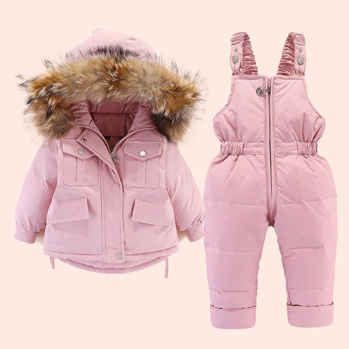 Pink toddler winter jacket with fur hood and matching insulated snow bib overalls