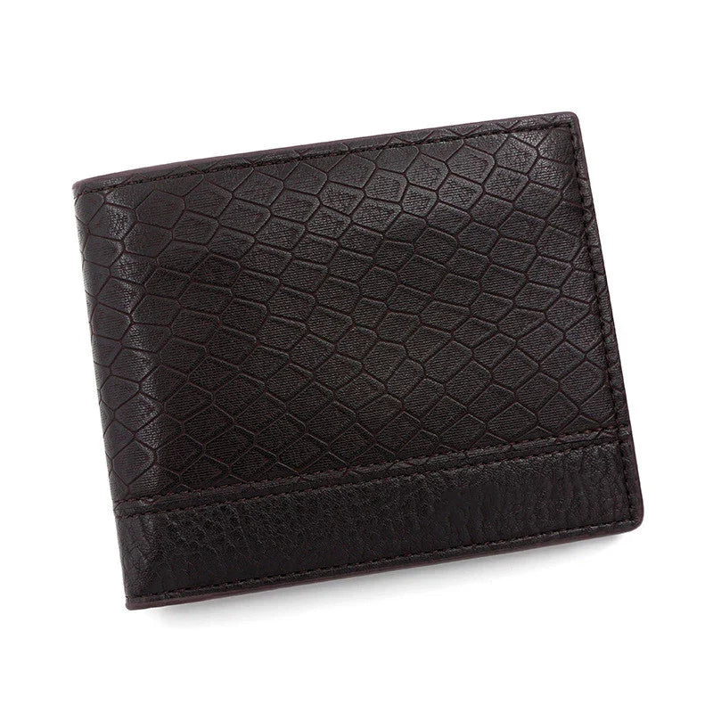 dark brown leather wallet with textured snake pattern and stitched edges