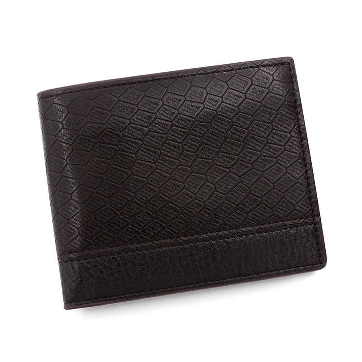 dark brown leather wallet with textured snake pattern and stitched edges