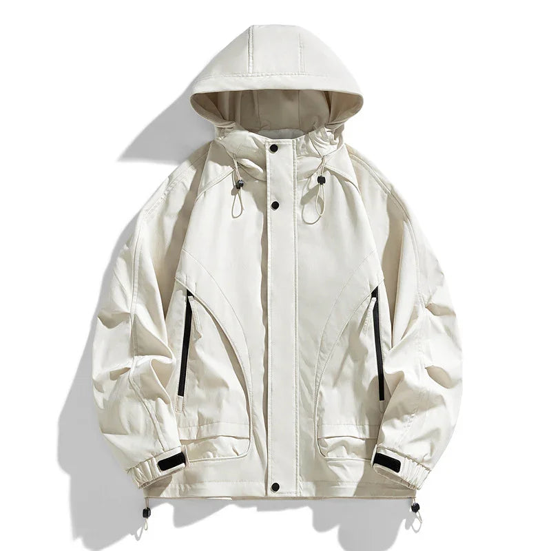 White hooded windbreaker jacket with black zipper pockets and adjustable drawstrings