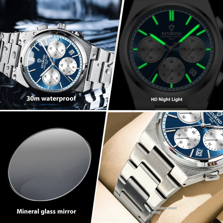 BINBOND stainless steel fashion watch with blue dial, waterproof, night light, mineral glass mirror