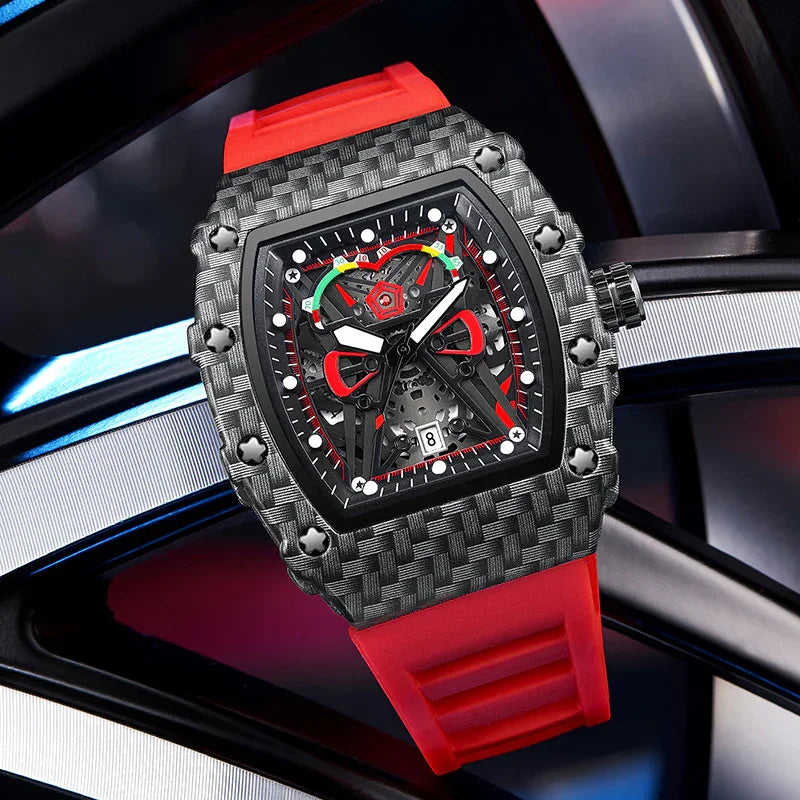 Luxury carbon fiber watch with red silicone strap and intricate mechanical dial on metallic background