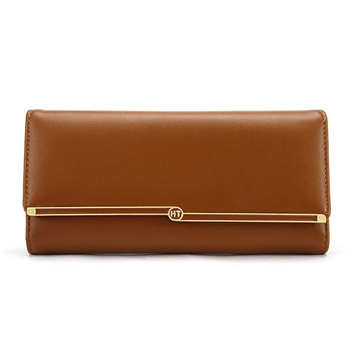 Brown leather wallet with gold HT logo bar accent and clean stitching detail