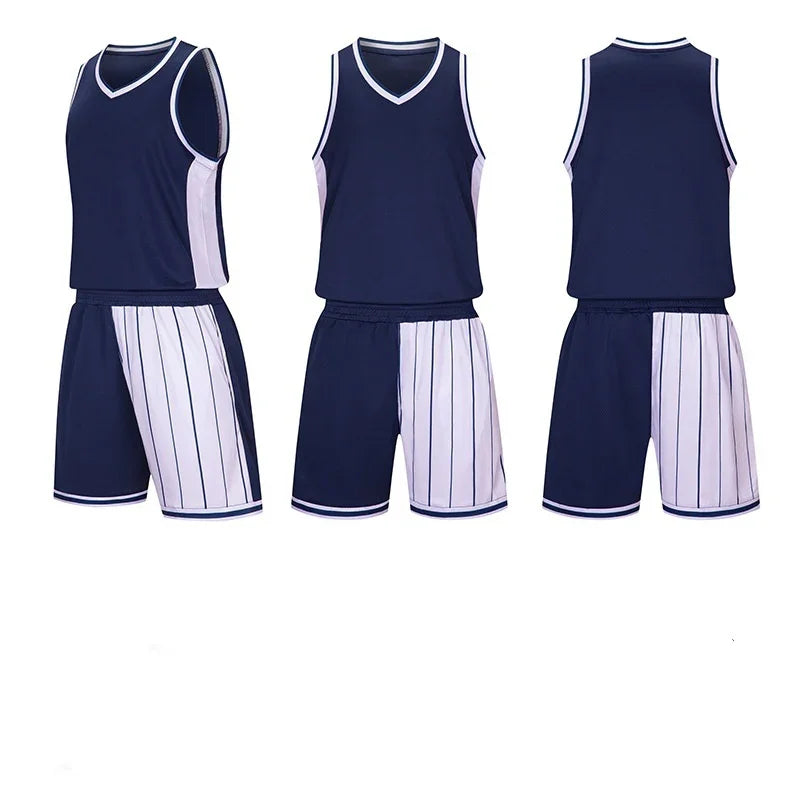 Navy blue and white basketball uniform set with pinstriped shorts, front and back views