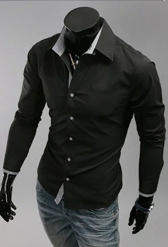 Slim fit black men's shirt with white contrast collar and cuffs, paired with light blue jeans