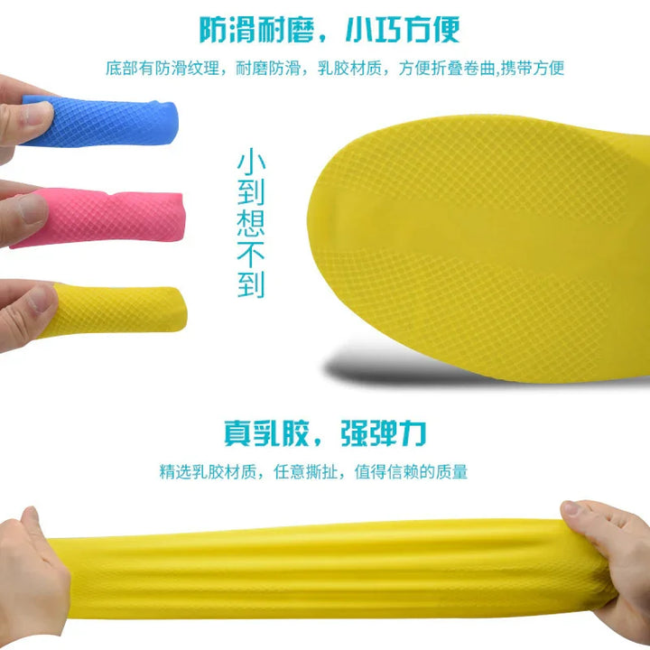 Close-up of yellow textured rubber shoe sole being stretched by hands, with small folded blue and pink soles shown