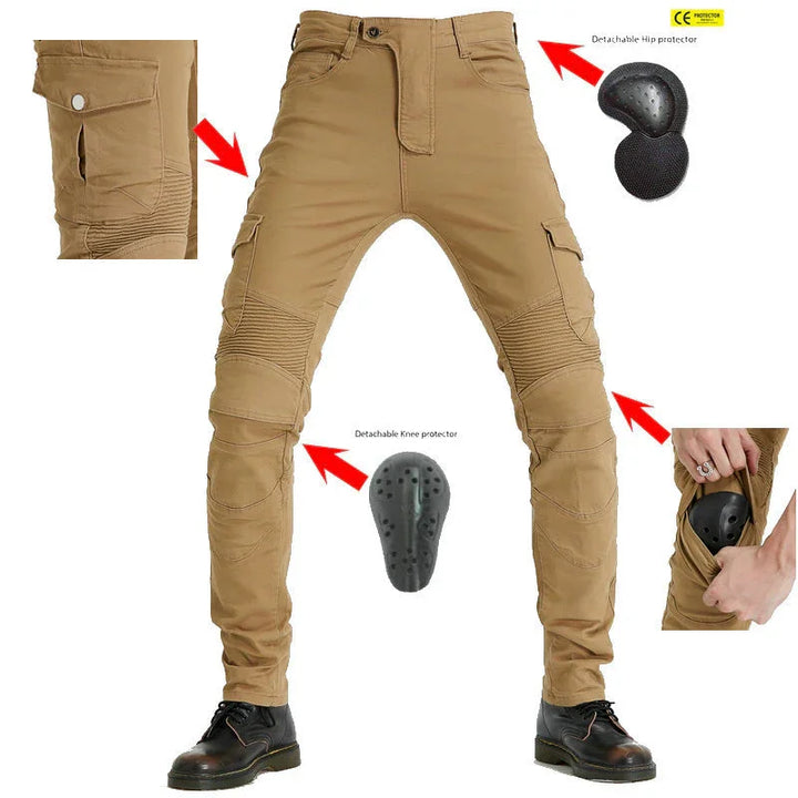 Khaki motorcycle pants with detachable hip and knee protectors, cargo pocket details.