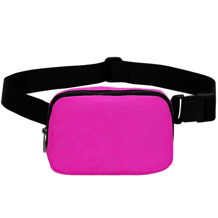 Bright pink fanny pack with black adjustable strap and zipper closure
