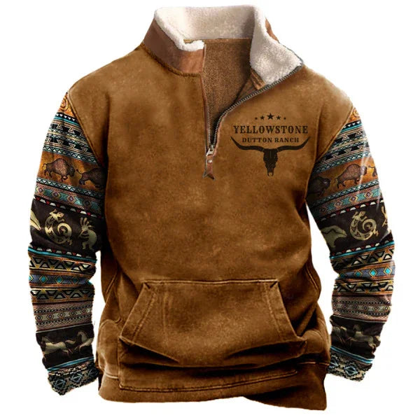 Brown fleece pullover with Southwestern patterned sleeves and Yellowstone Dutton Ranch logo on chest