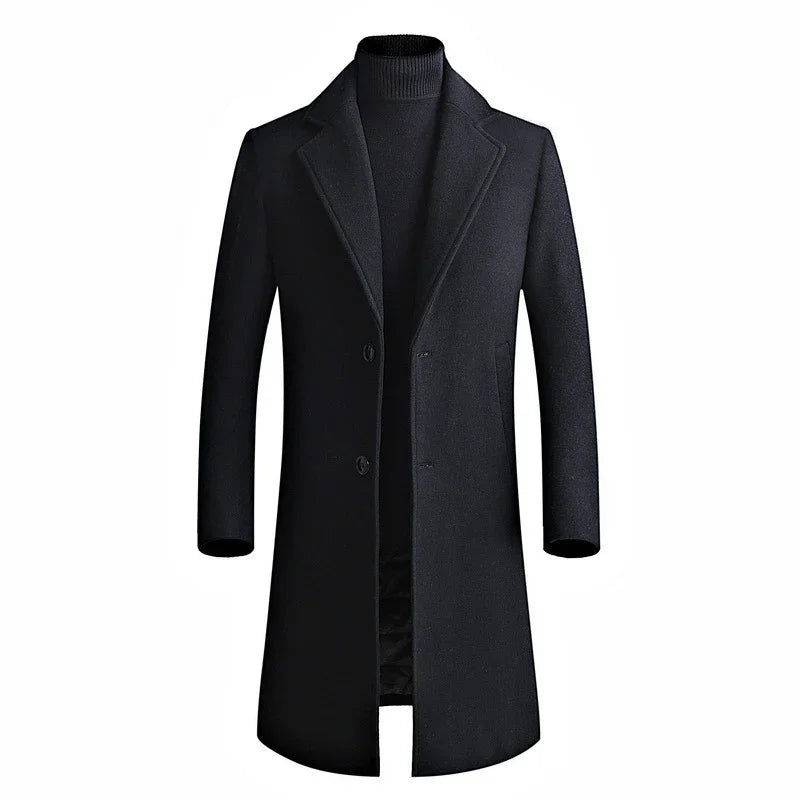 Black men's wool overcoat paired with black turtleneck sweater on white background