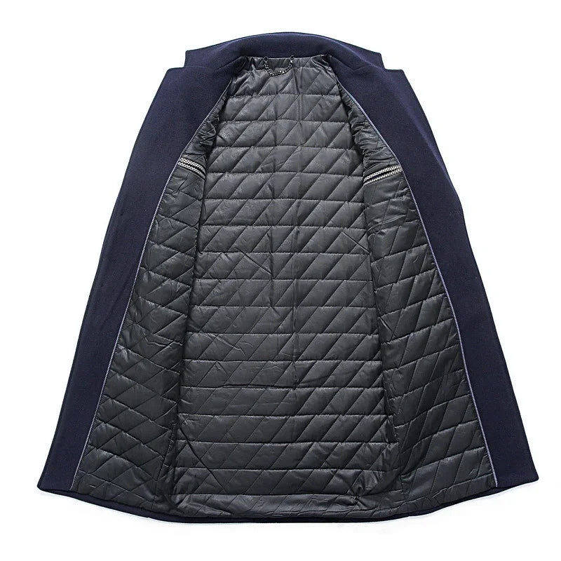 Navy blue winter coat with black quilted insulated lining inside for warmth
