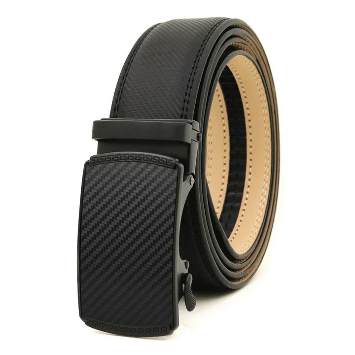 black leather men's belt with textured carbon fiber pattern automatic buckle