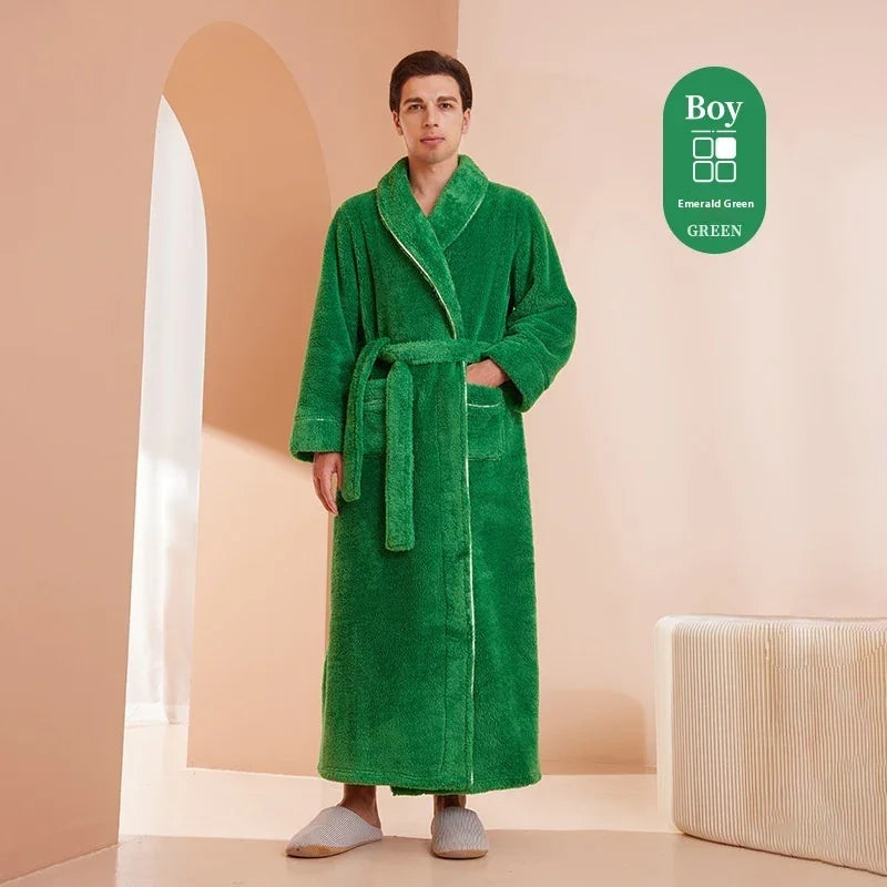 Man wearing emerald green plush bathrobe with belt and pockets in minimal beige room