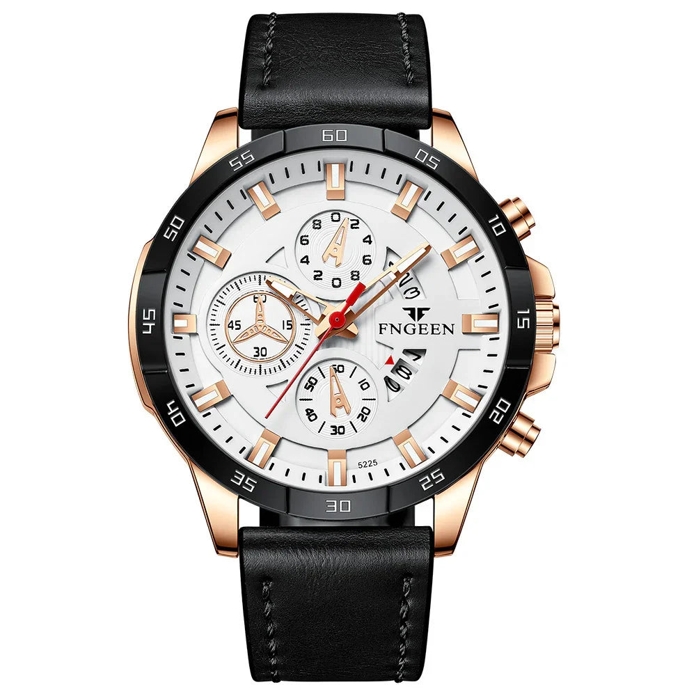 FNGEEN men's wristwatch with white dial, rose gold case, black bezel, and black leather strap