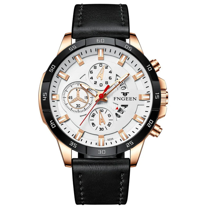 FNGEEN men's wristwatch with white dial, rose gold case, black bezel, and black leather strap
