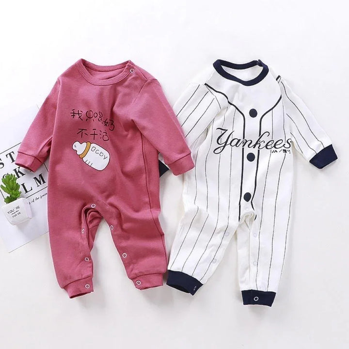 Two baby rompers on white background, one pink with baby bottle print and Chinese text, one white Yankees baseball style