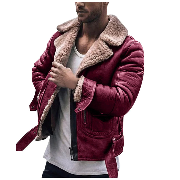 Man wearing stylish burgundy leather jacket with beige shearling collar and cuffs