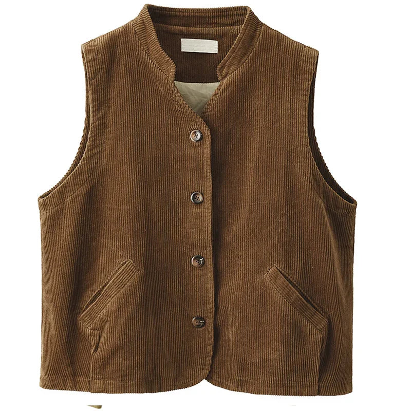 Brown corduroy button-up sleeveless vest with front pockets and round collar