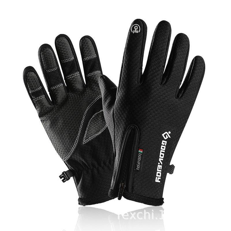 Black touchscreen winter gloves with zipper and anti-slip palms, ideal for outdoor sports