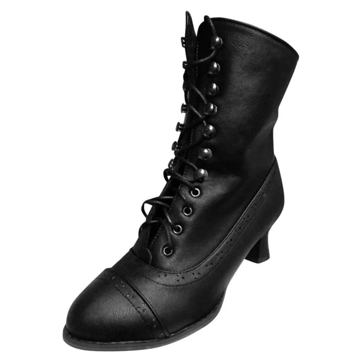 Black lace-up Victorian-style leather ankle boot with low heel