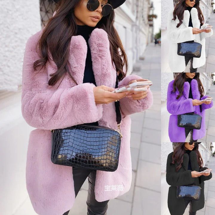 Woman wearing stylish faux fur coats in pink, white, purple, and black with black leather croc handbag on city street