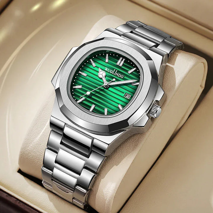 RUOLINDO luxury silver stainless steel watch with green striped dial and date display