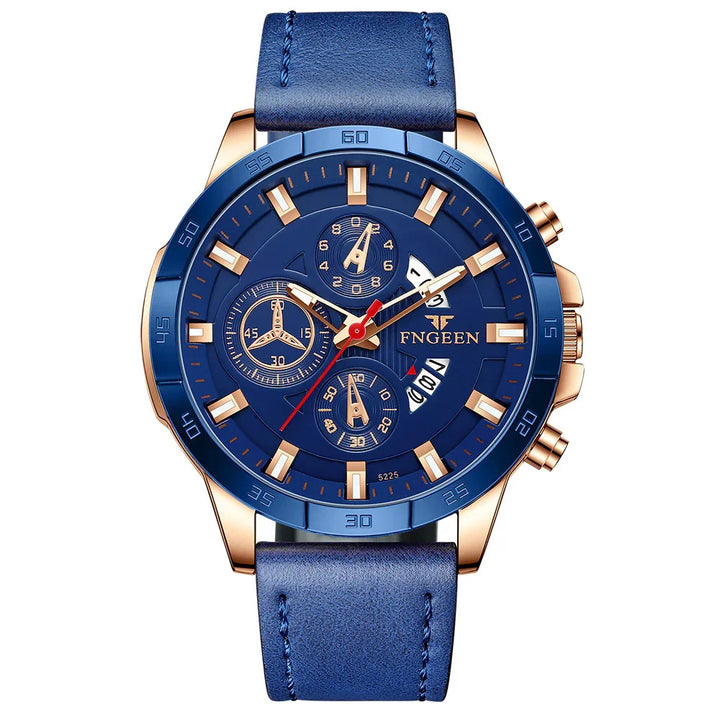 Blue FNGEEN men's wristwatch with gold accents, chronograph dials, and leather strap