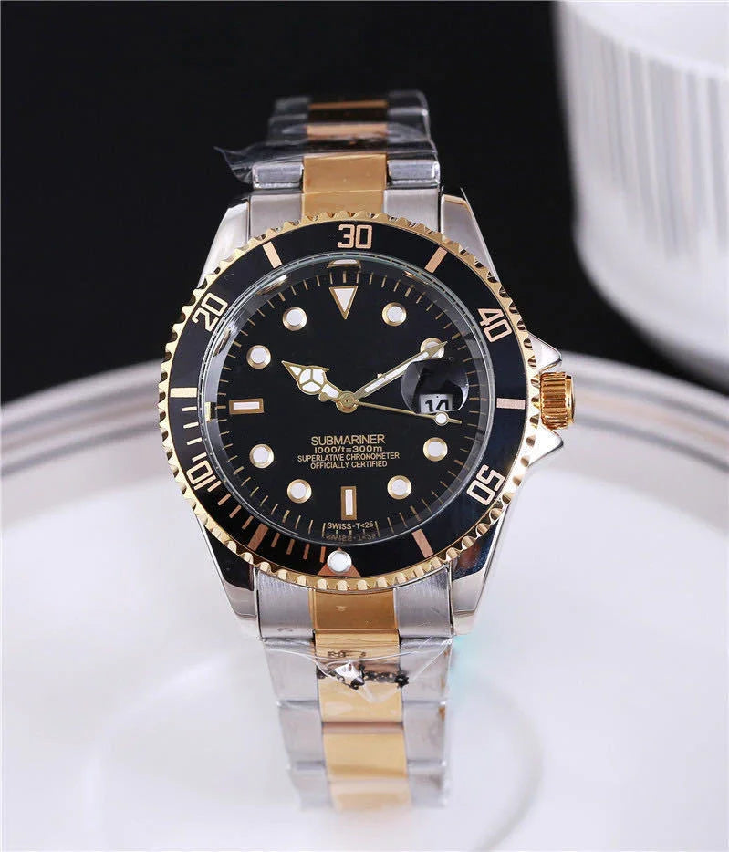 Luxury Submariner watch with black dial, gold and silver bracelet, and date display