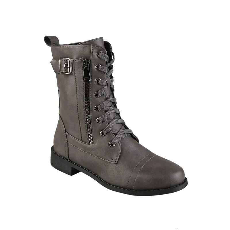 Gray leather lace-up ankle boot with side zipper and buckle detail