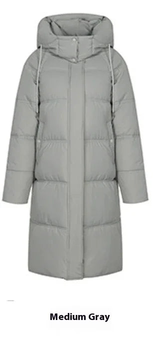 Medium gray long puffer coat with hood and front zip closure