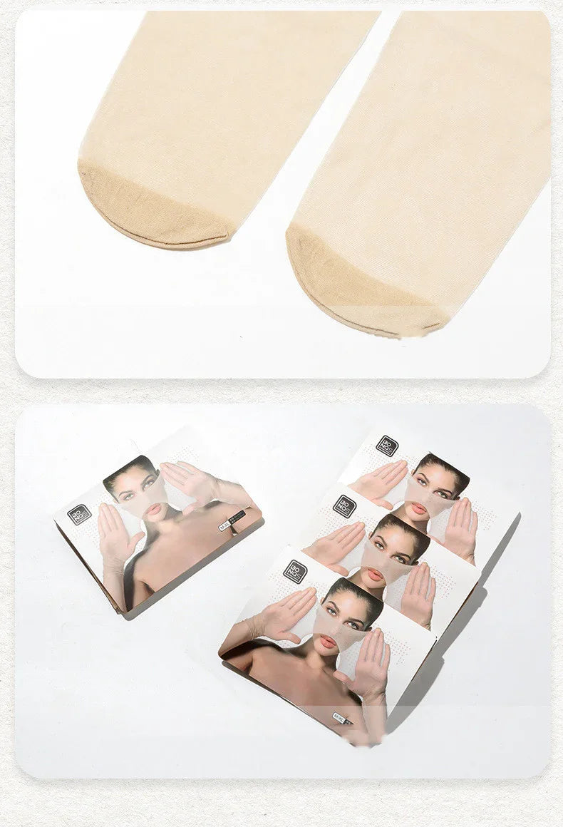 Sheer nude stockings with reinforced toes and packaging featuring woman wearing thin hosiery