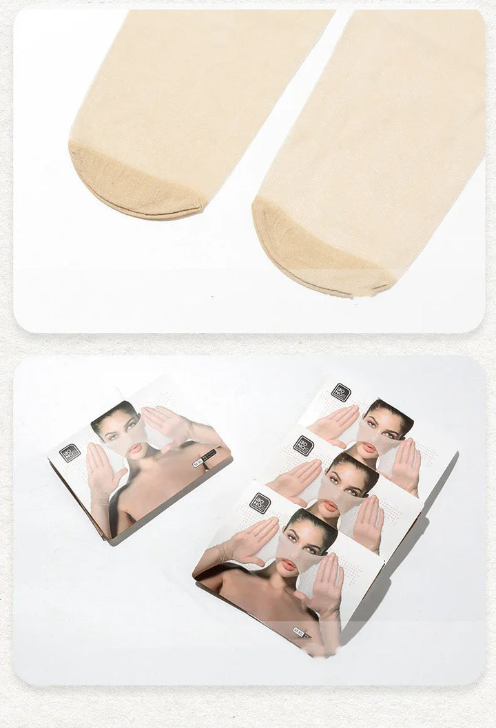 Sheer nude stockings with reinforced toes and packaging featuring woman wearing thin hosiery
