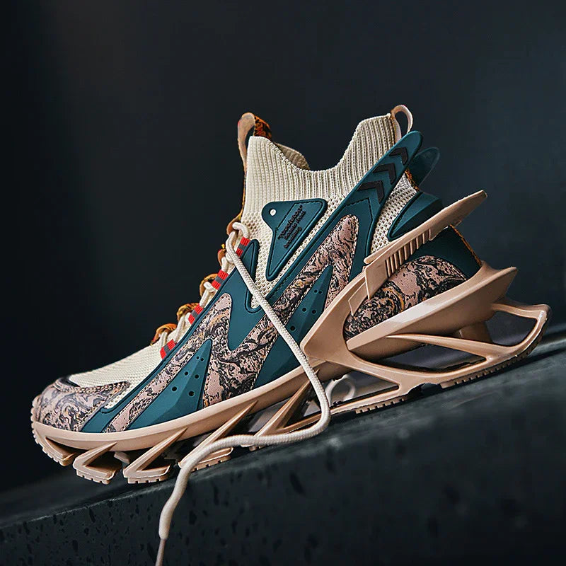 Beige and teal futuristic sneaker with marbled pattern and unique sole design on dark surface