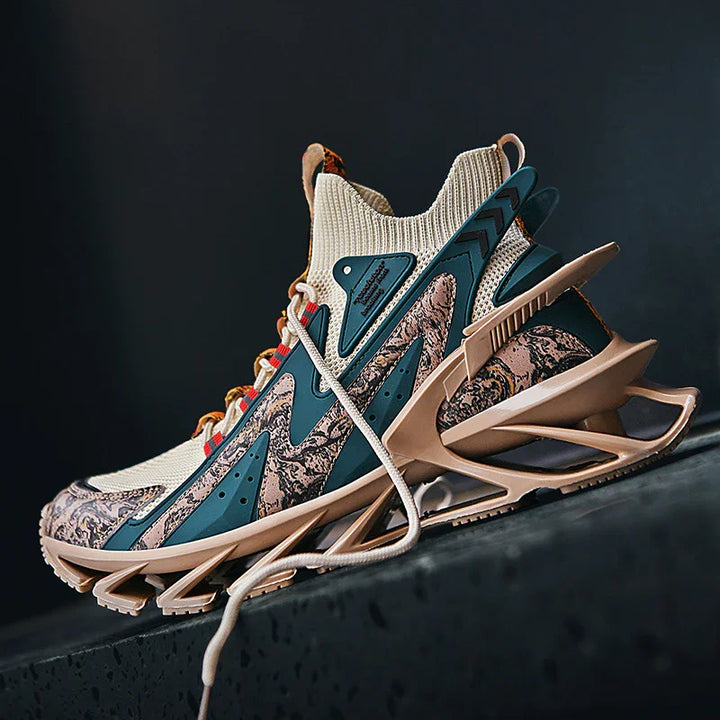 Beige and teal futuristic sneaker with marbled pattern and unique sole design on dark surface