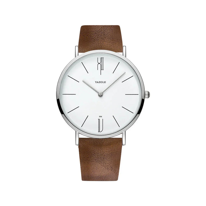 Yazole minimalist wristwatch with white dial, slim black markers, silver case, and brown leather strap
