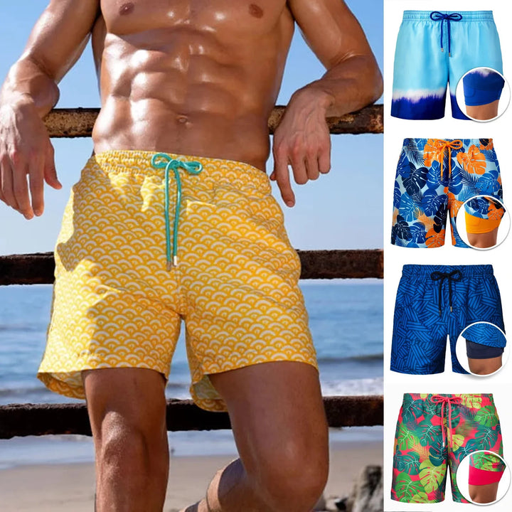 Man wearing yellow patterned swim shorts at the beach with four colorful swim shorts styles shown
