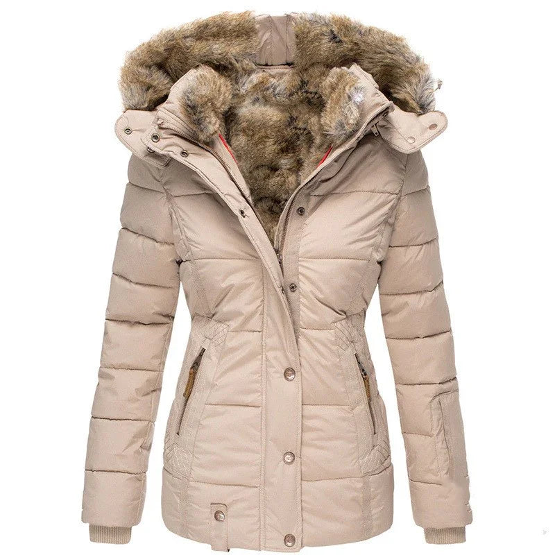 Beige padded women's winter jacket with zipper and button closure, faux fur-lined hood, and zippered pockets