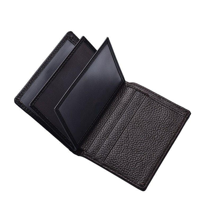 Open black leather wallet with textured finish, multiple card slots, and clear ID window