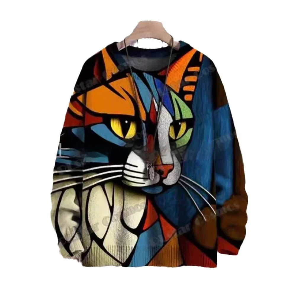 Colorful abstract cat face design on a vibrant geometric patterned sweatshirt