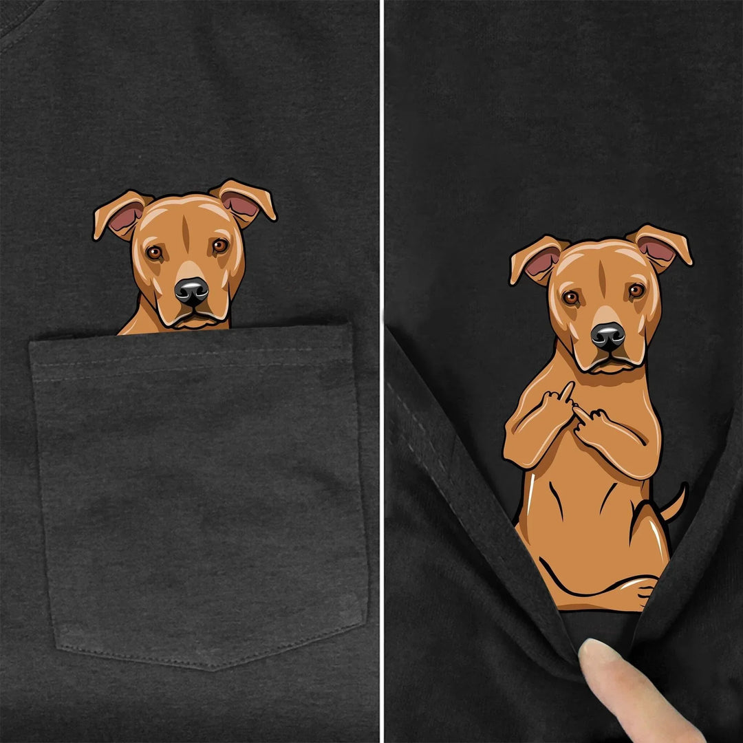 Black pocket t-shirt with a brown dog illustration hiding in the pocket, flipping middle fingers beneath the fabric
