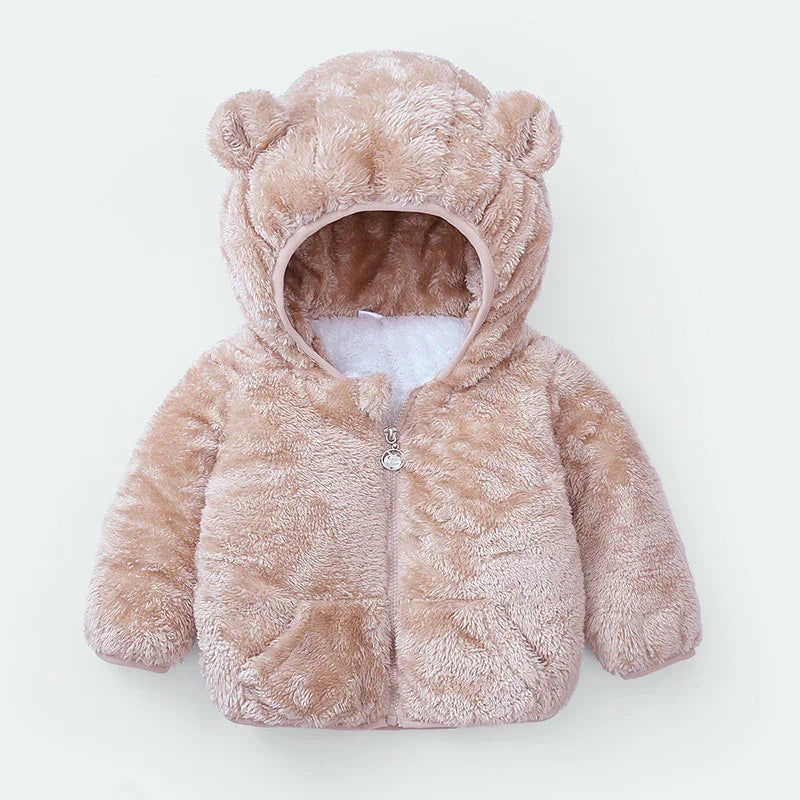 Soft beige fuzzy toddler jacket with bear ears hood and front zipper