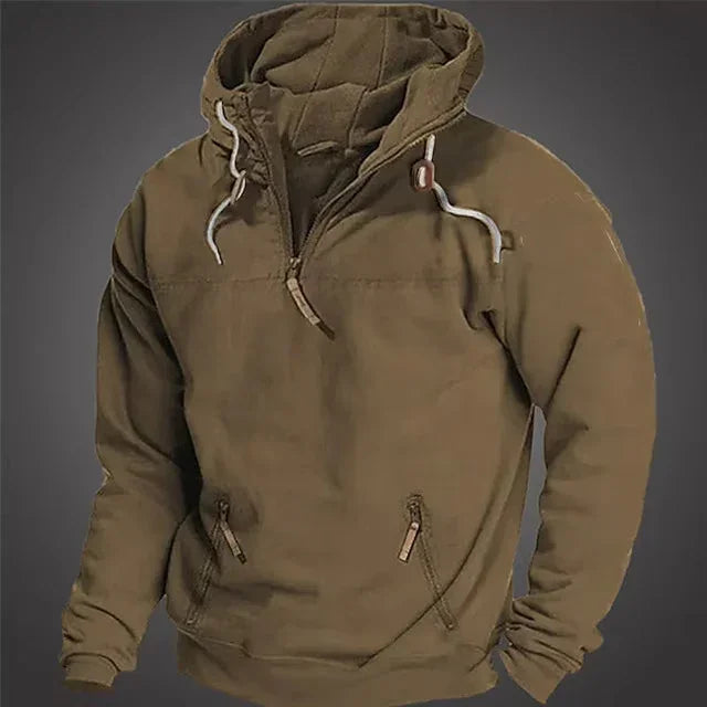 brown half-zip hoodie with adjustable drawstrings and front zip pockets on gray background