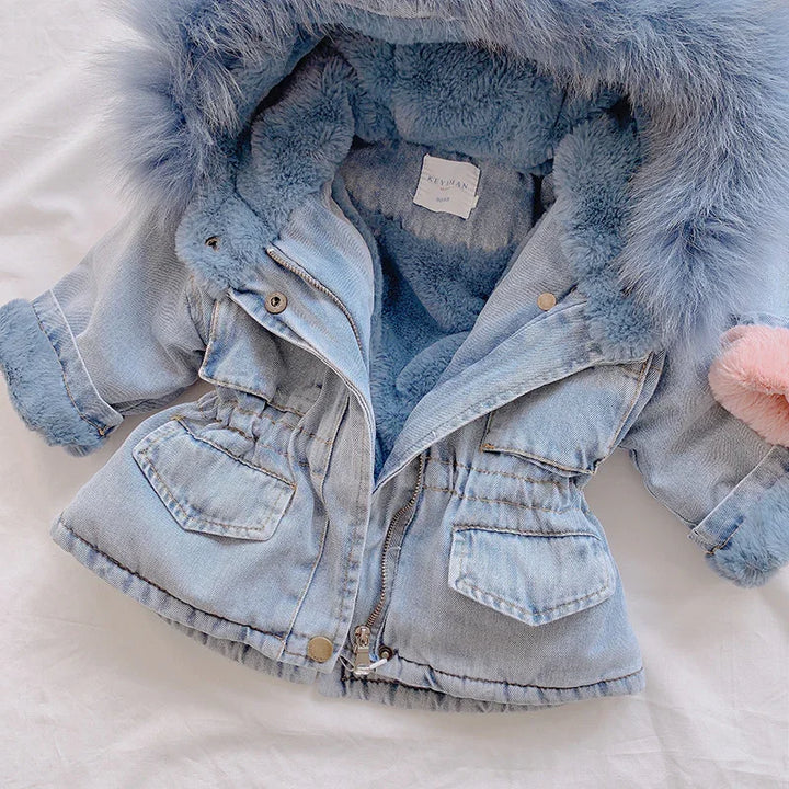 Light blue denim winter jacket with plush fur lining and furry hood for kids