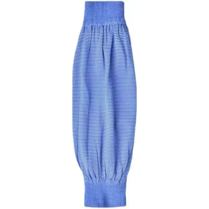 Blue and white striped knit sleeve cuff extender with ribbed ends