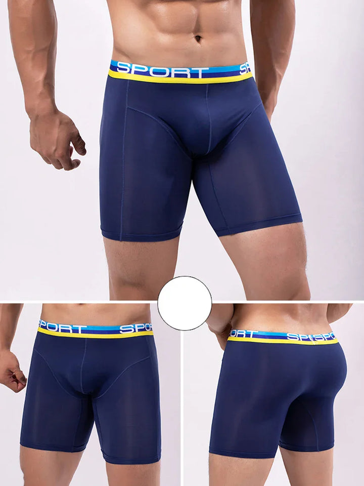 Men's navy blue sport compression shorts with blue, yellow, and white waistband