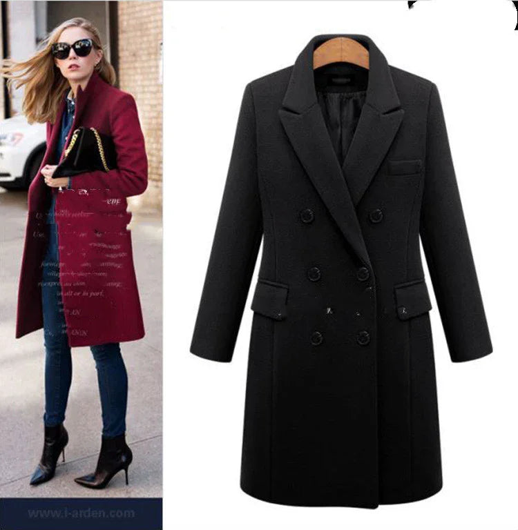 Woman wearing stylish burgundy coat with black high-heeled boots and sunglasses next to black double-breasted wool coat