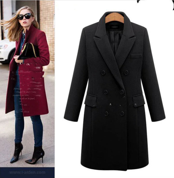 Woman wearing stylish burgundy coat with black high-heeled boots and sunglasses next to black double-breasted wool coat
