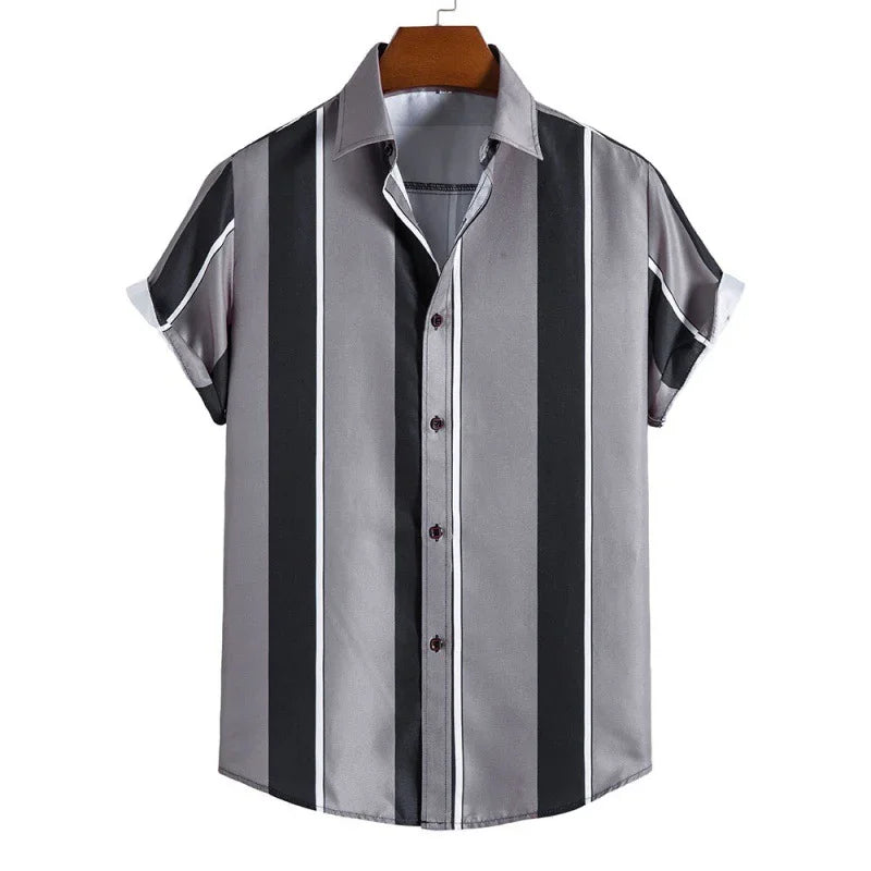 Men's short sleeve button-up shirt with vertical black, gray, and white stripes on hanger