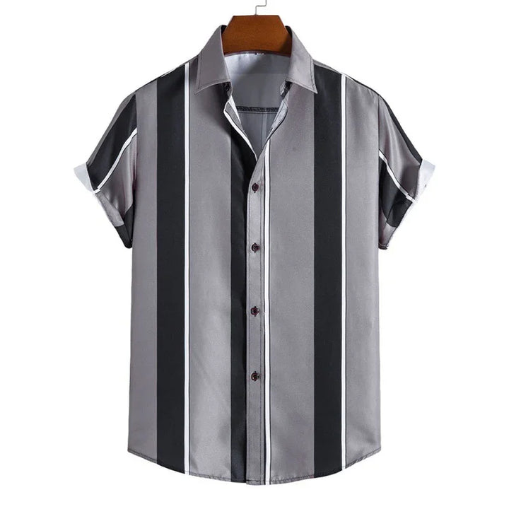 Men's short sleeve button-up shirt with vertical black, gray, and white stripes on hanger