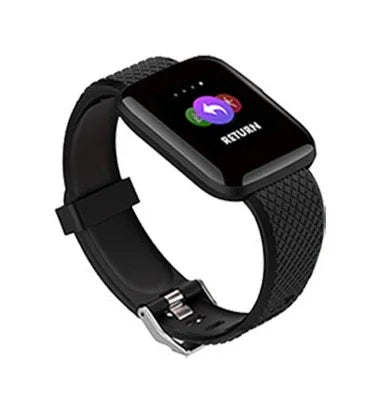 Black fitness tracker smartwatch with textured band showing a return icon on screen